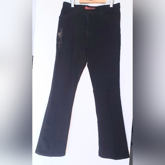 Embellished wide leg pleated jeans w/ leather pockets - Picture 10 of 13